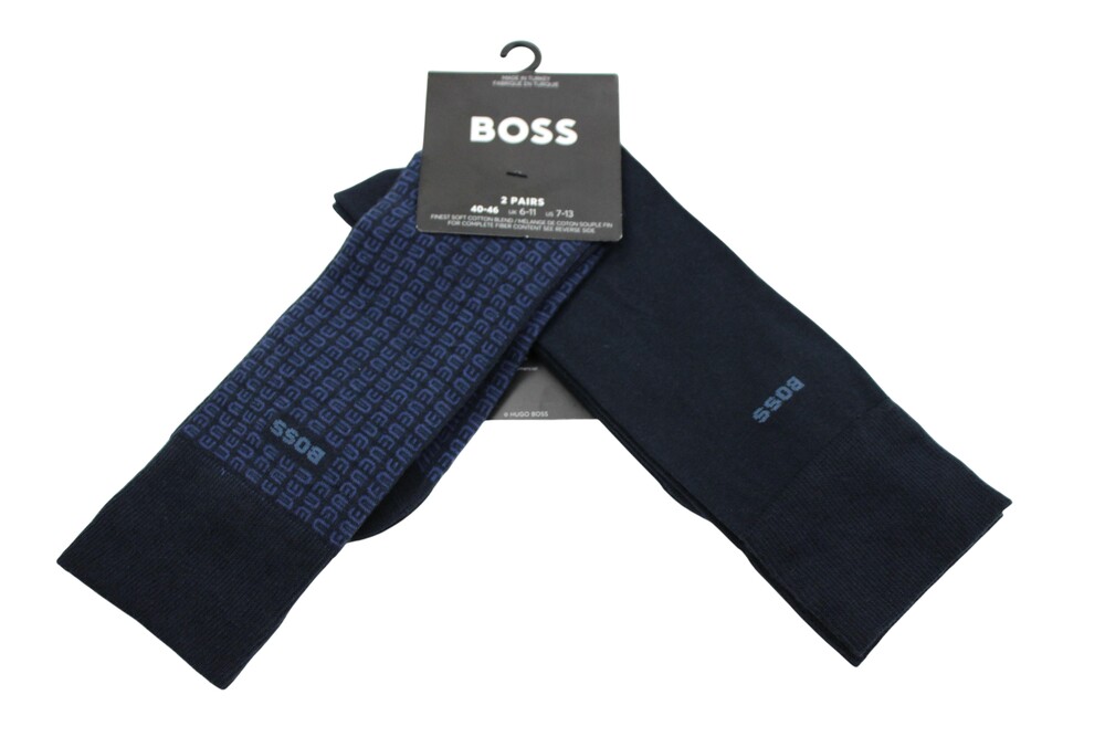 Boss Socks Mens 7-13 Blue Solid & Geometric Dress 2 Pack Mid Calf Cotton Blend
